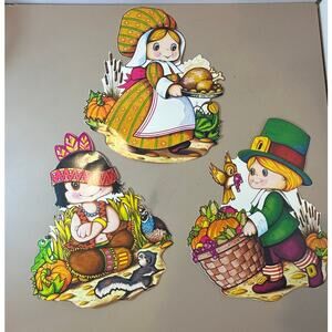 Lot of 3 Thanksgiving Die Cut Window Decorations Pilgrim Indian Beistle 1978